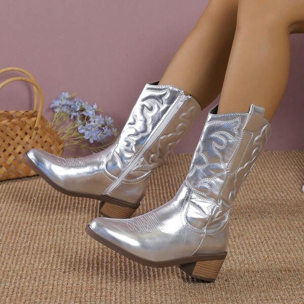 Women's Western Style Glossy Mid-Calf Boots, Versatile Cowboy Boots, Festive Vibe