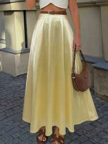 Elegant Knitted Fabric Long Flared Skirt For Women Stylish Party Outfits Medium Stretch - Yellow - View 2