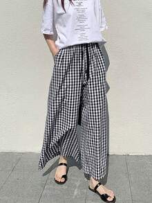 2025新款黑白格子高腰宽松抽绳阔腿裤，女款，春夏款 - 黑與白 - 查看 2
