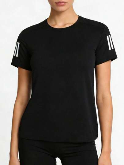 女士条纹袖圆领运动T恤，撞色袖口设计，适合健身运动