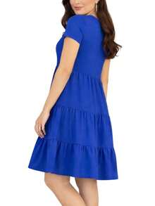 Three-Tiered Dress With Short Sleeves In Knit Fabric, Modest Fashion. - Royal Blue - View 2