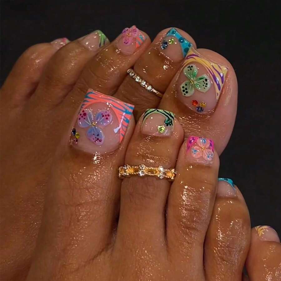 Exquisite Fashion  Colored Flower Printed Foot Nail Film Classic French Short Removable Toenail Wearing Nail - Màu sắc - Xem 1