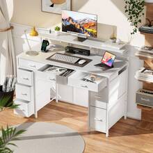 Computer Desk 120 * 50 * 74 Cm With 8 Storage Drawers, Gaming Desk With LED Lighting And USB Ports, Home Office Desk With Monitor Stand, Desk For Bedroom Or Study, Available In 4 Colors - White - View 3