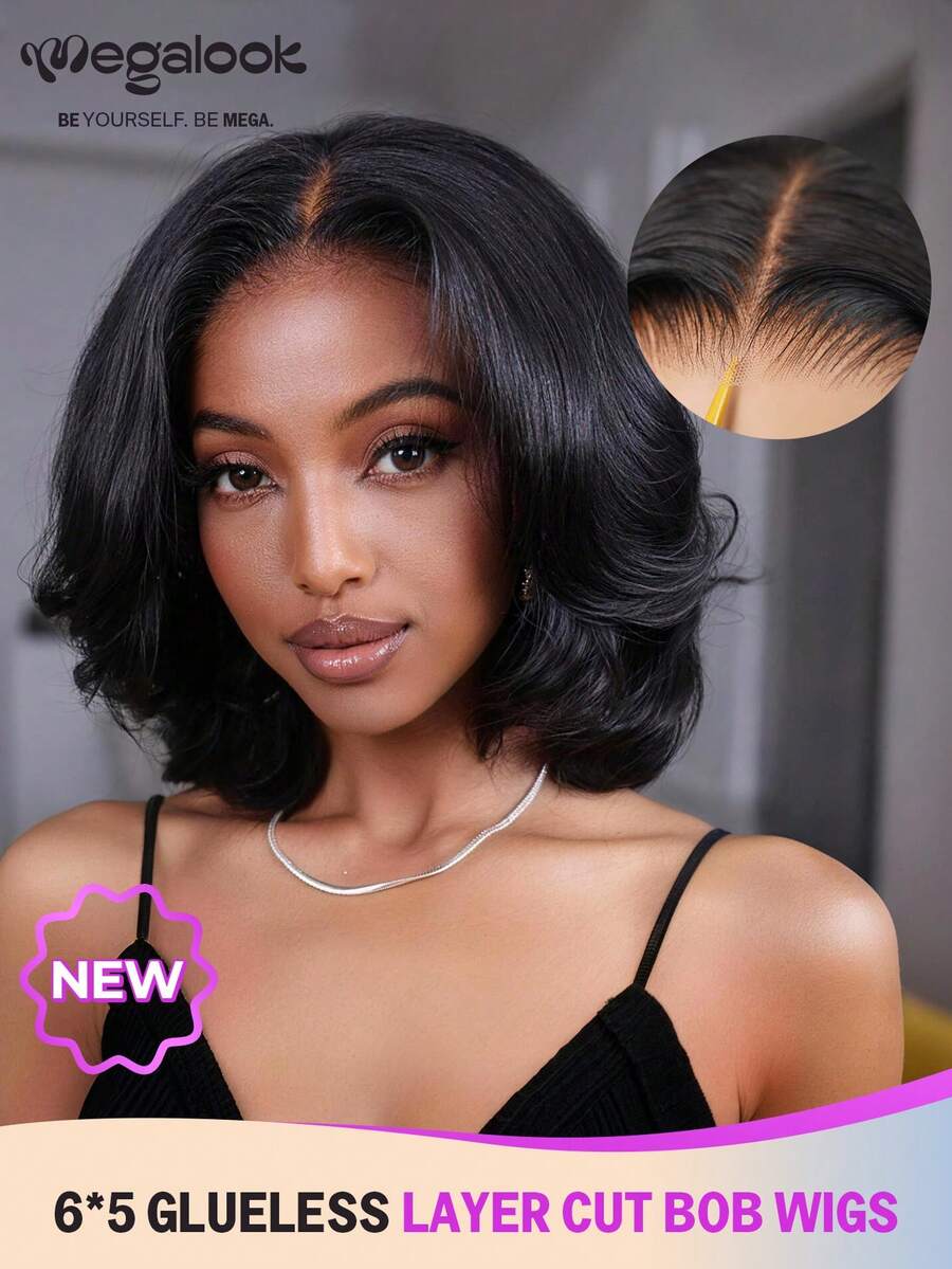 MEGALOOK 6x5蕾丝隐形结短款波浪卷假发，100%真人发丝 - 预剪蕾丝自然发际线无胶假发，10-14英寸层次剪裁波波头假发，预拔毛预漂白发结，自然色，新手友好型透明蕾丝闭合假发 - 无需胶水，自然逼真，适合日常佩戴，可打造办公室、僵尸新娘、万圣节、派对、Y2K、坏女孩、度假、户外、角色扮演、校园、学校假期、圣诞节、派对、婚礼、节日等各种造型，适合女性佩戴。 - SNatural - 查看 1