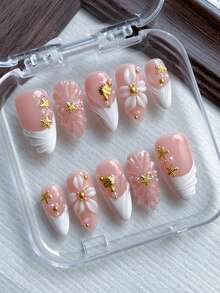 10pcs Pink Almond Shaped Press-On Nails, White French Tip, 3D Shell Embossed Decor, 3D Flower Carving, Golden Starfish, Shell Design Acrylic False Nails, Cute Style, Suitable For Girls And Women For Daily, Vacation, Travel, Wedding And School Occasions, Includes Jelly Gel And Nail File. Nail Supplies - Pink - View 2