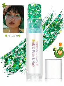 1支圣帕特里克节绿色闪光面部棒，3D亮片凝胶高光棒，带有三叶草和心形闪粉，适合女性/女孩节日庆祝、夜店妆容配饰 - 彩色 - 查看 6