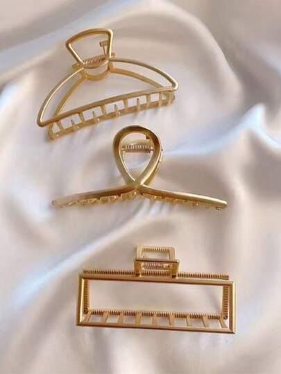 3 Adet Kadın Şık Altın Metal Hilal, Kare, Büyük Alaşım Saç Tokası, Şık ve Çok Yönlü Yüksek Kaliteli Saç Aksesuarı, Günlük Kullanım, Yüz Yıkama, Banyo, Makyaj ve Kıyafetlerle Uyumlu, Kadın Pençe Tokası Zarif Saç Tokası