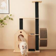Solid Wood Cat Tree With Exercise Wheel – 80*40*152 Cm. Scratching Post With 4 Platforms, 2 Cat Houses, Sisal Posts & Washable Scratching Mats, Cat Roll, Cat Exercise Wheel, Cat Tree, Cat Climbing Frame - Natural Color - View 4