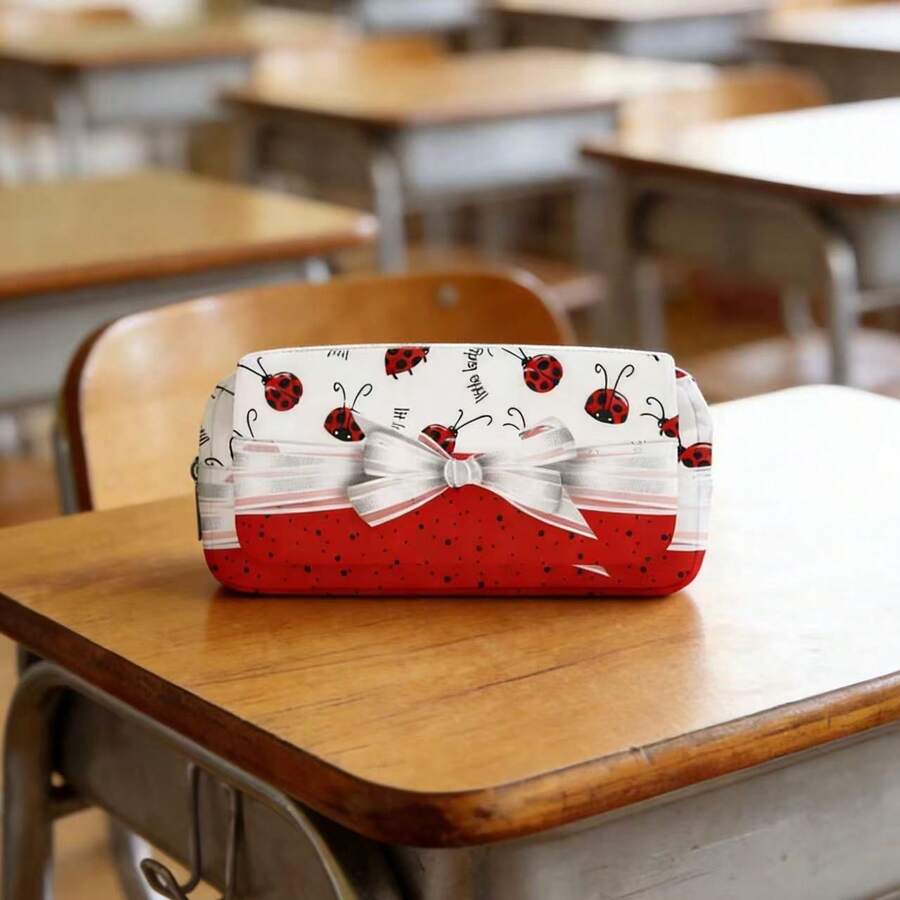 1个瓢虫图案翻盖铅笔盒，大容量双层设计，采用耐用涤纶面料，可水洗，适合学生使用，文具包 - 彩色 - 查看 1