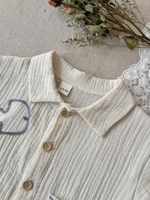 2pcs/Set Baby Boy Embroidered Fish Cotton Shirt + Striped Shorts, Spring/Summer - Apricot - View 10