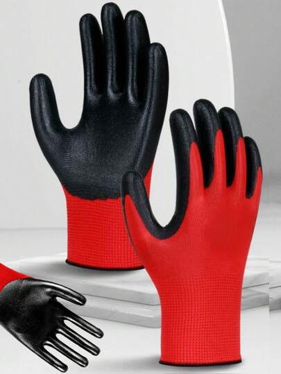 1/5/10 双装多用途工作手套，橡胶涂层防滑，4.7x9.4 英寸，红黑配色，适用于园艺和机械维修，园艺防护装备，防撕裂透气内衬，多用途工作手套，园艺手套和重型工作手套，多功能手套，轻便透气，灵巧的园艺手套，男女通用，是钓鱼、汽车维修和户外活动的理想之选