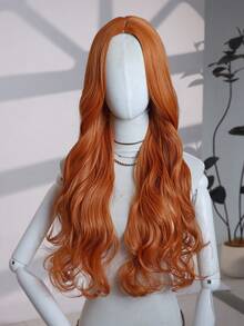 【高温丝假发】26英寸长高温丝假发 - 橙色卷曲波浪中分假发 - 合成纤维，适合角色扮演和日常佩戴，也适合家庭聚会、节日、派对、角色扮演、情人节等场合。 - 亮橙色 - 查看 3