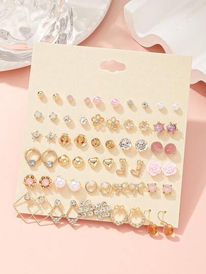30对可爱时尚女士耳钉套装，款式多样，包括心形、方形、几何、花朵、蝴蝶结等——适合日常佩戴或各种场合的百搭珠宝礼品