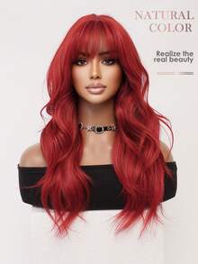 XOUJE 优雅红色长款蓬松卷发假发，24英寸，直刘海，自然逼真，柔软蓬松，采用耐热合成纤维制成，适合女性佩戴，时尚百搭，适合日常佩戴、节日聚会、婚礼派对、万圣节、圣诞节、角色扮演、休闲约会等各种场合。 - 紅色 - 查看 6