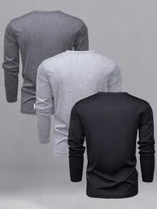 3pcs Men's Long Sleeve T-Shirts, Crew Neck Design And Solid Color Regular Fit, Suitable For Spring And Autumn Seasons. Applicable For Various Occasions Including Daily Commute, Casual Home Wear, Hangout With Friends, And Light Outdoor Activities. Also An Excellent Gift For Boyfriends Or Husbands. - Multicolor - View 2