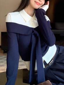 ملابس علوية أنيق للنساء، بياقة بولو ذو ألوان متباينة، أزرار وربطة، أكمام طويلة، ملابس علوية أنيقة للنساء، قمصان كاجوال عصرية للشتاء