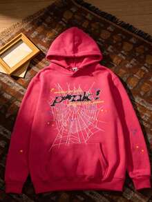 Sudadera con capucha de manga larga, de estilo casual y simple, con forro cálido, suelta y gruesa, adecuada para mujeres en otoño e invierno, con diseño de araña y relámpago de anime en color negro y rosa - Rosa - Ver 1