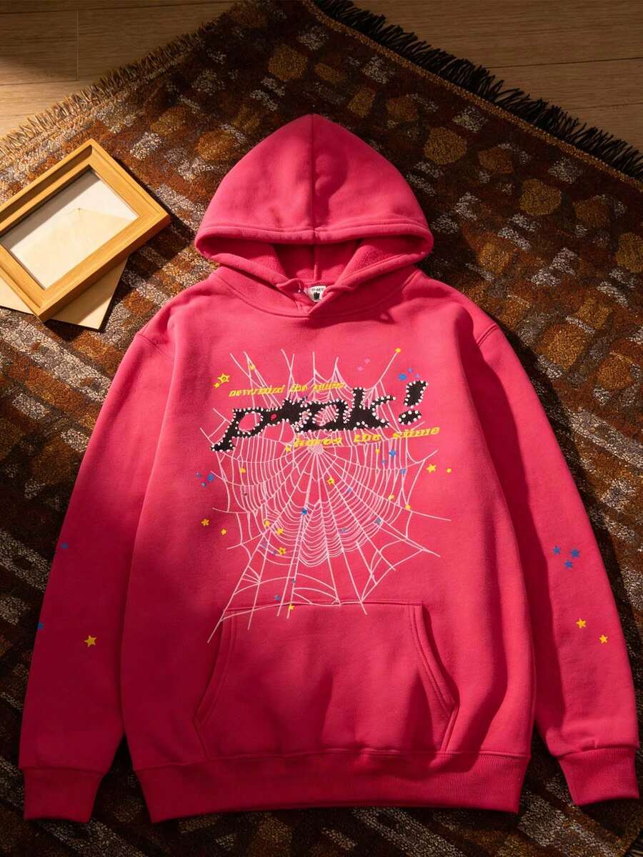 Sudadera con capucha de manga larga, de estilo casual y simple, con forro cálido, suelta y gruesa, adecuada para mujeres en otoño e invierno, con diseño de araña y relámpago de anime en color negro y rosa - Rosa - Ver 1
