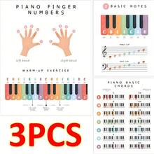 3张钢琴基础海报套装，适合初学者在家练习，可用于房间、家庭、办公室、教室墙面装饰，8x10英寸无框印刷品