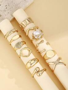 12pcs Fashionable Pearl & Geometric Golden Smooth Ring Set - Yellow Gold - View 2