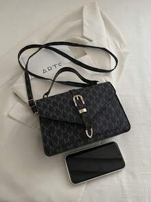 1pc Women's Luxury Fashion Handbag, PU Material, Belt Buckle Design, Lightweight & Versatile, Magnetic Closure, Suitable For All Seasons, Top Handle With Detachable Shoulder Strap, Classic Print, Suitable For Travel, Shopping, Strolling, And Outdoor Commuting, Women's Work Bag, Elegant Tote - Black - View 3