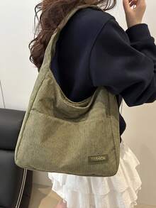 Nueva bolsa de hombro de pana de unicolor y versátil, bolso baguette minimalista casual, bolso cubo grande - Verde - Ver 5