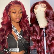 10-36 Inch 180% Density Wear And Go Glueless Wigs Human Blended Hair Pre Plucked Pre Cut 13x4 HD Lace Wigs Body Wave Lace Front Wigs Human Blended Hair For Women 180% Density 99J Burgundy - S99J/BUG - View 4