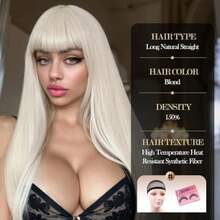 D613 Blonde Long Straight Wig With Bangs Light Blonde Silky Straight Hair Wigs For Women 28 Inch Synthetic Heat Resistant Fiber Wig For Cosplay Daily Party Use - 0Blonde - View 6