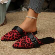 Leopard Print Summer New Pointed Toe Suede Slip-On Mules, Fashion Closed Toe Flat Slouchy Slippers For Women - Red Leopard Print - View 2