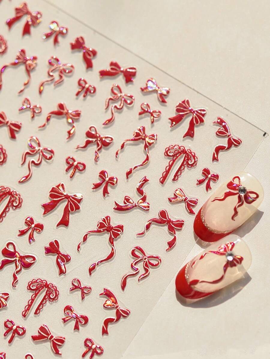 1 miếng dán móng tay nghệ thuật 5D hình nơ đỏ rực rỡ, ruy băng dập nổi, decal móng tay 3D tự dính, thích hợp cho móng tay của phụ nữ và bé gái. - Nhiều màu - Xem 1