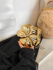 1 Stylish Solid Color Messenger Bag Metallic Flower Shape Evening Clutch Bag, For Wedding Party Formal Dress Accessory, Lipstick, Coin Purse, Jewelry Pouch, With Detachable Chain Strap, Chic Gift For Her - 金色 - 查看 7