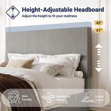 Allewie Full/Queen/King Bed Frame, Upholstered Platform Bed, Adjustable Vertical Channel Tufted Headboard, Corduroy Fabric, Modern Low Profile, Wooden Slats, No Box Spring Needed, Easy Assembly, Grey - 灰色 - 查看 4