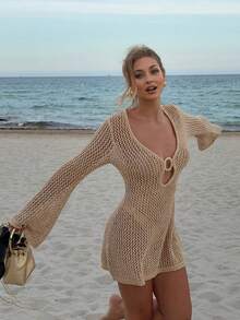 Women's Solid Color Sexy Knitted Beach Cover-Up Hollow See-Through Long Sleeve Mini Dress With Metal Ring Design, Spring/Summer - Khaki - View 8