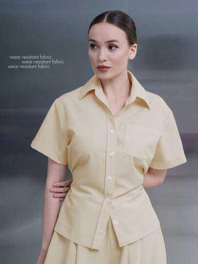 Women's Collared Short Sleeve Wide Leg Pants Fashionable Commuter Workwear, Outdoor Casual Elegant 2 Pieces Set, Comfortable Workwear For Postpartum Care Center, Beauty Salon