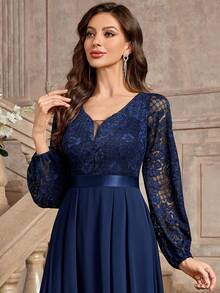 MIUSOL Elegant Floral Lace Deep V-Neck Lantern Sleeve Ruffle Hem Maxi Evening Dress - Navy Blue - View 11