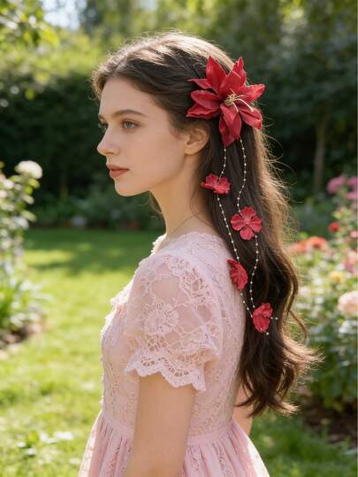 1pc Romantic Elegant Beige Floral Tassel Hair Clip, Cute & Sweet Hair Accessory For Women