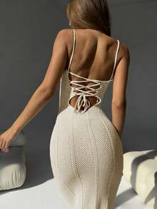 Women's Bohemian Style Knitted Mid-Length Dress, Sleeveless, Strapless, Elegant Dress With Slit Design - Apricot - View 6
