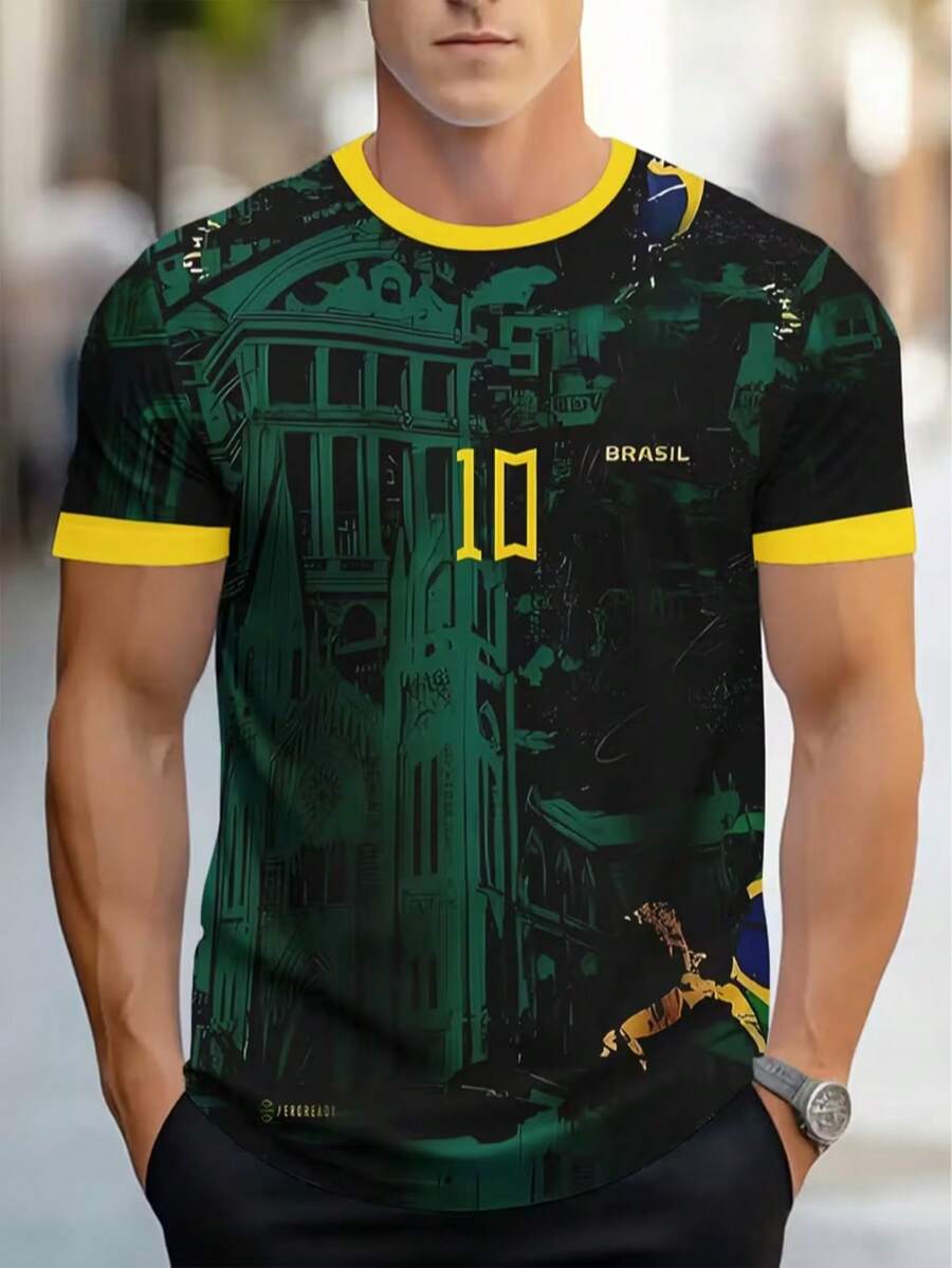 Kaos Lengan Pendek Pria Brasil Ukuran 10 dengan Cetakan Digital 3D - MultiWarna - View 1