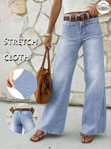 GILIPUR 微喇叭宽松阔腿牛仔裤，高腰弹力浅蓝色水洗Y2K风格女式长裤，优雅休闲街头风。 - 藍色 - 查看 6