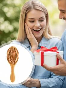 1Pcs Bamboo Hair Brush Natural Wooden Paddle Brush Round Bristles Scalp Massage For Women Men Hair Growth - gừng - Xem 4