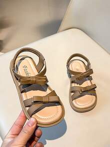 1 Pair Girls' Bow Decor Anti-Slip Open Toe Flat Sandals, Suitable For Family Dinners, Children's Play Areas And More - Brown - View 1