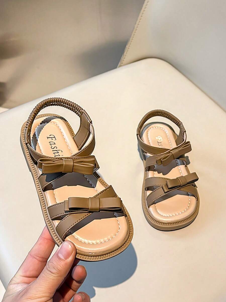 1 Pair Girls' Bow Decor Anti-Slip Open Toe Flat Sandals, Suitable For Family Dinners, Children's Play Areas And More - Brown - View 1