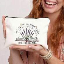 1pc Zipper Closure Fabric Makeup Bag, Casual Bookworm Cosmetic Pouch, Floral Pattern Travel Toiletry Organizer, Ideal For Women, Sisters, Friends - Outdoor, Camping, Party - Multicolor - View 15