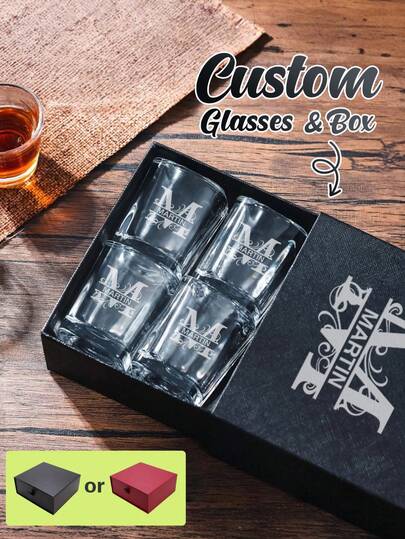 4pcs 60ml/2oz Personalized Whiskey Glasses Set With Gift Box, Permanent Laser Engraved, Never Fading, Customizable Name, Square Rim, Suitable For Christmas Gift, Wedding Gift, Groomsman Gift, Bridesmaid Gift