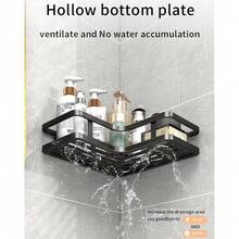 角落淋浴置物架套装，6件套浴室置物架，淋浴收纳架，免钻孔置物架，防锈壁挂式淋浴置物架，带皂盒、挂钩和牙膏架（黑色） - 黑色3角架 2件 - 查看 5