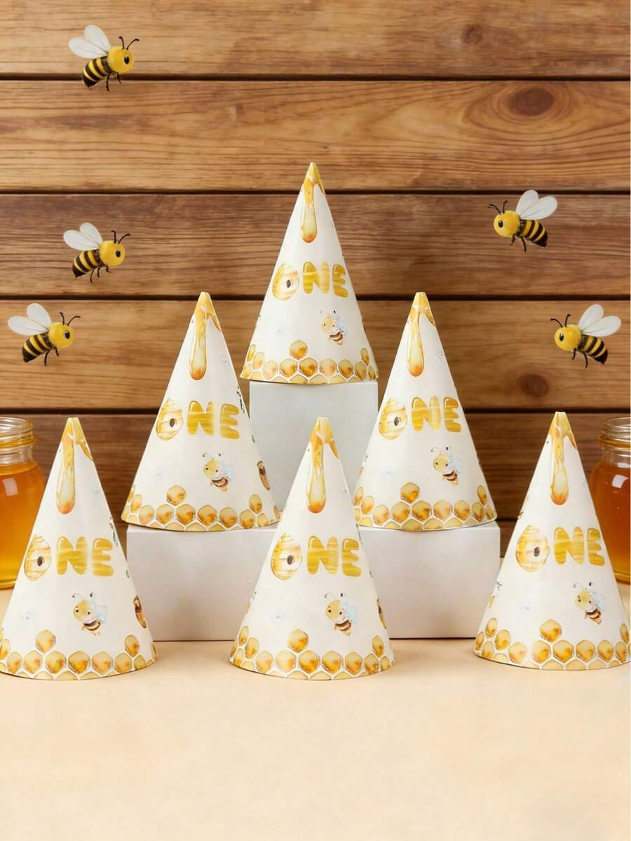 6pcs Bee Themed Paper Hats, Celebrate Baby's 1st Birthday Party Hats, Bee Honeycomb Themed Birthday Party Decorative Hats, Birthday Party Photo Props, Small Bee Party Decorations, 1st Birthday Party Supplies, Bee Themed 1st Birthday Party Accessories, DIY Casual Handmade Paper Hats, 1st Birthday Decorations, Birthday Gifts, Party Favors - 1-year-old Bee - View 1