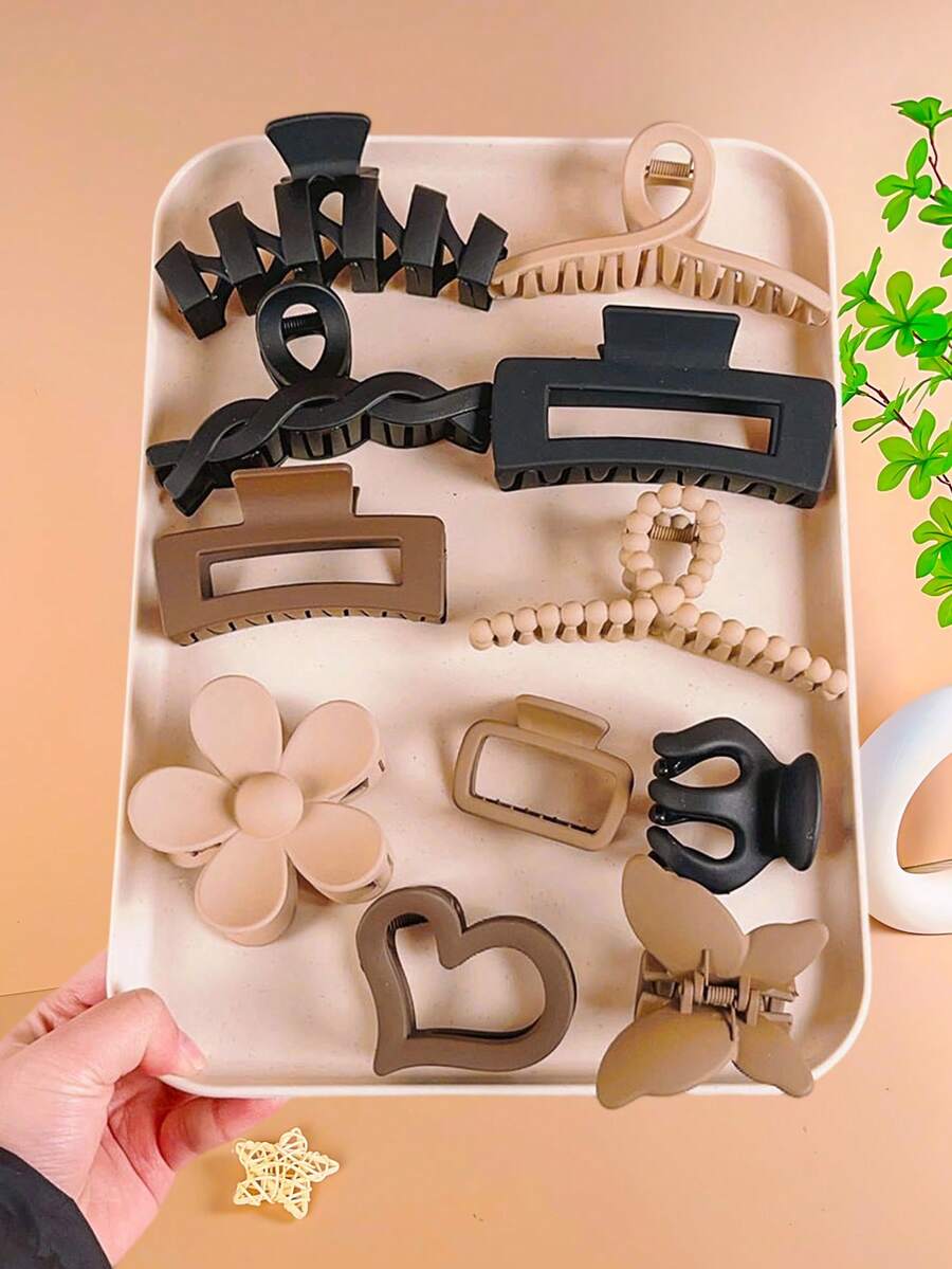 11pcs Women Hair Clips Butterfly, Heart, Flower Design Hair Clips In Black & Brown
