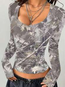 Women's Elegant Solid Color V-Neck Long Sleeve Blouse With Pleated Detail - Fashion Top For Spring&Fall - 軍綠色 - 查看 10