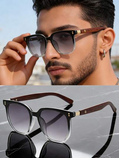 1 par de gafas de moda estilo coreano en color marrón, unisex, con patillas de grano de madera retro, montura cuadrada, para rostro redondo, gafas decorativas de moda y protección solar.