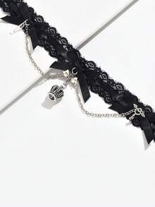 1pc Women's Versatile Choker Necklace With Bow, Lace, Heart, Crown Pendant, Collar Necklace - Multicolor - View 4